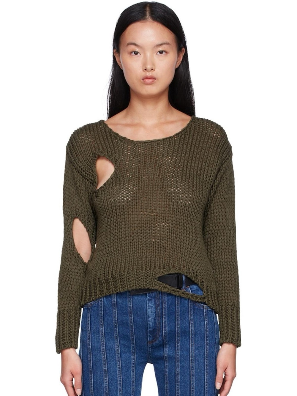 Paloma Wool Renzo Sweater Olive Green Cotton Cutout Distressed Size Xl